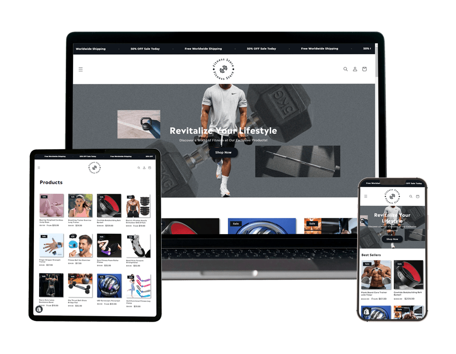 Fitness store built by an AI employee, shown on laptop, tablet and phone