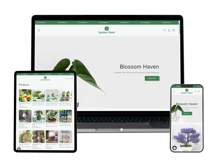 Garden store built by an AI employee, shown on laptop, tablet and phone