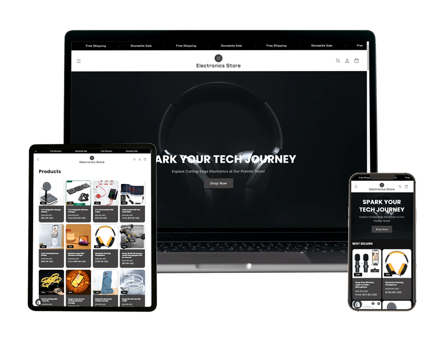 Electronics store built by an AI employee, shown on laptop, tablet and phone